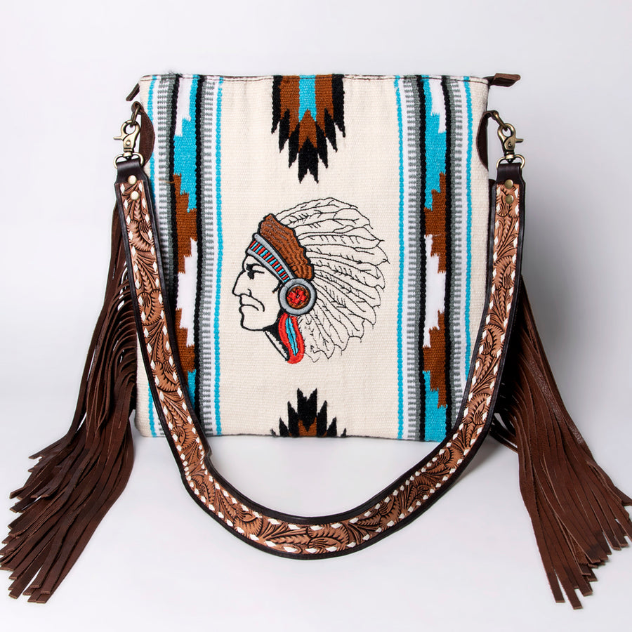 American Darling Large Cross body Bag Hand Woven Saddle Blanket Vegetable-Tanned Genuine Leather Fringes Buck Stitched