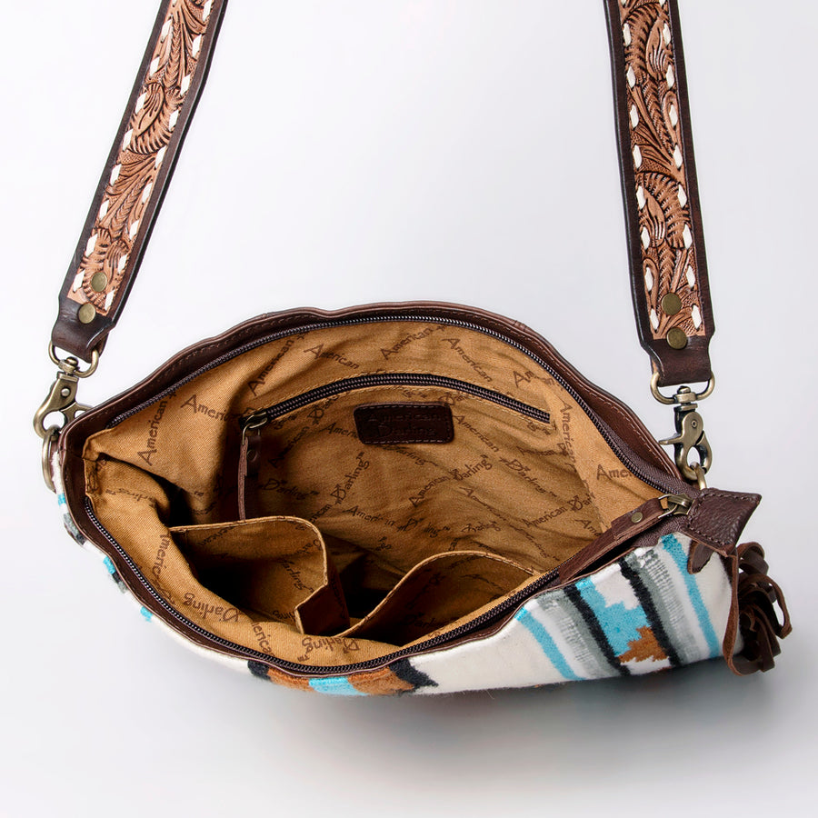 American Darling Large Cross body Bag Hand Woven Saddle Blanket Vegetable-Tanned Genuine Leather Fringes Buck Stitched