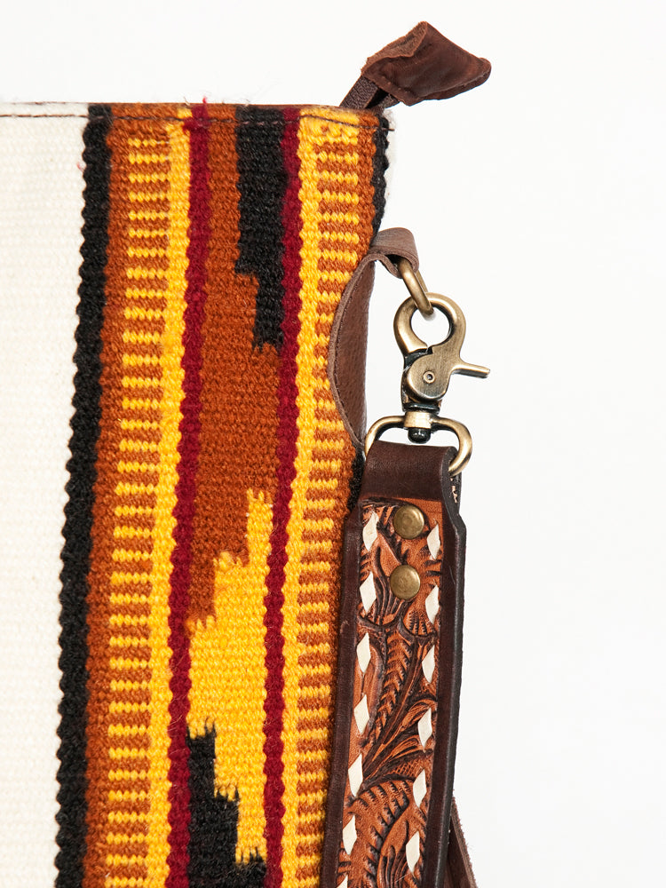American Darling Large Cross body Bag Hand-Woven Saddle Blanket Vegetable-Tanned Genuine Leather Fringes Hand Tooled