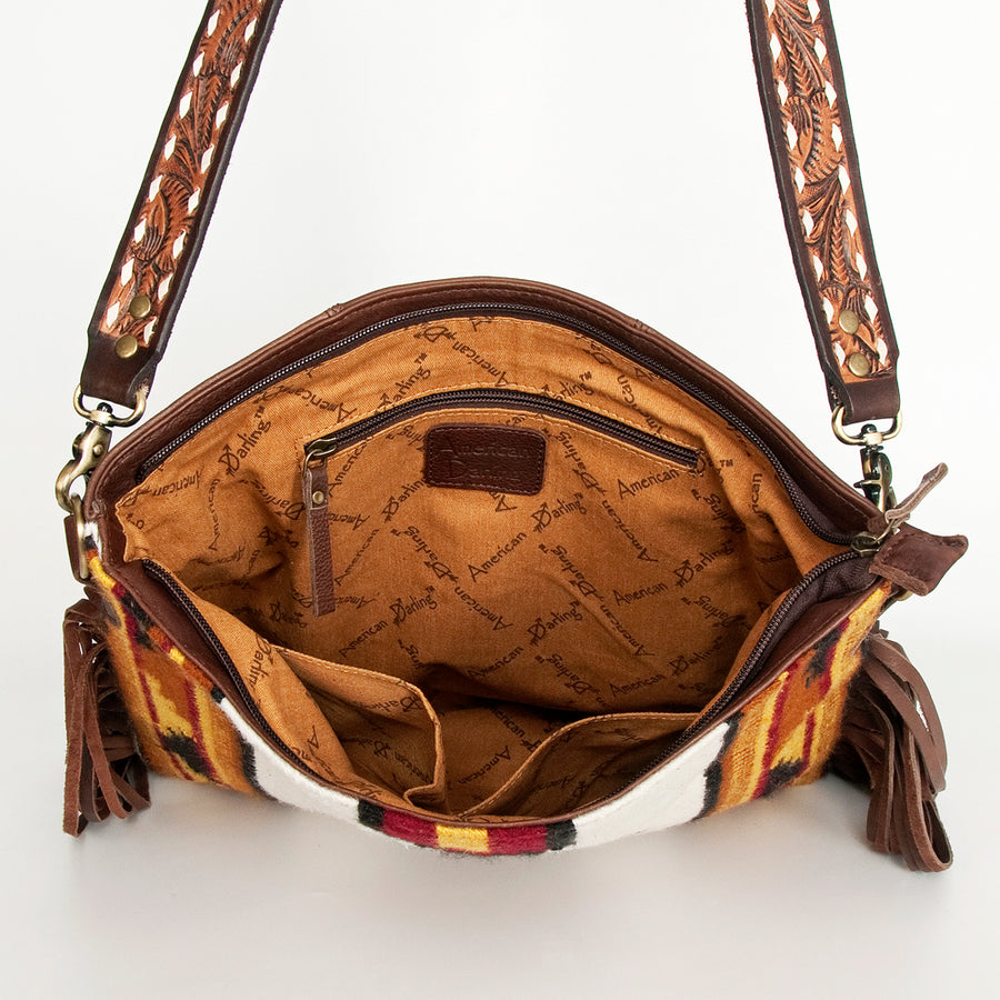 American Darling Large Cross body Bag Hand-Woven Saddle Blanket Vegetable-Tanned Genuine Leather Fringes Hand Tooled