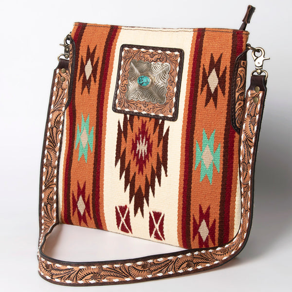 American Darling Large Cross body Bag Hand-Woven Saddle Blanket Hand Tooled - Uhorse