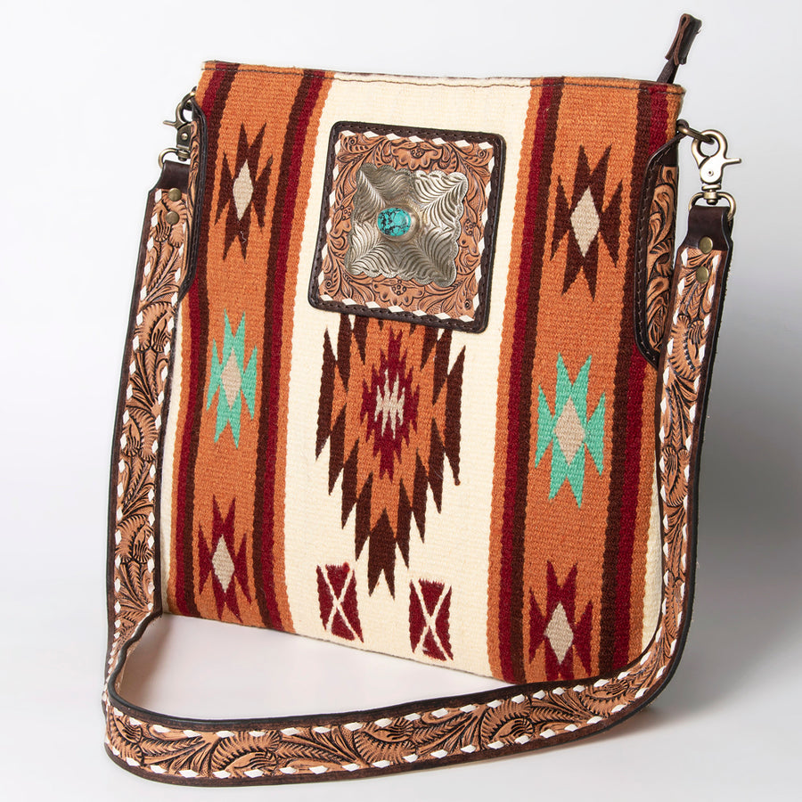 American Darling Large Cross body Bag Hand-Woven Saddle Blanket Hand Tooled - Uhorse