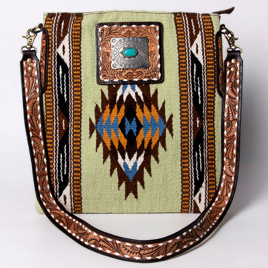 American Darling Large Cross body Bag Hand-Woven Saddle Blanket Vegetable-Tanned Genuine Leather Floral Carved Buck Stitched