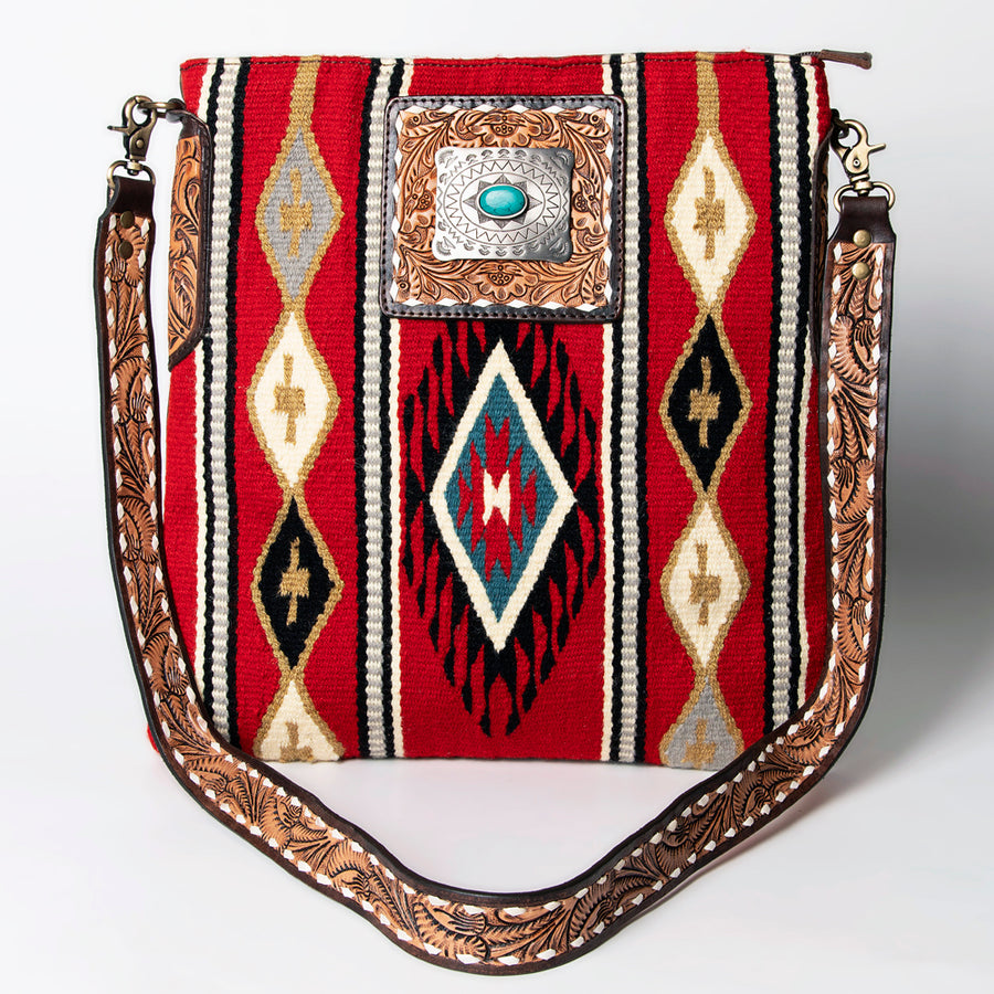 American Darling Large Cross body Bag Hand-Woven Saddle Blanket Vegetable-Tanned Genuine Leather Floral Carved Buck Stitched
