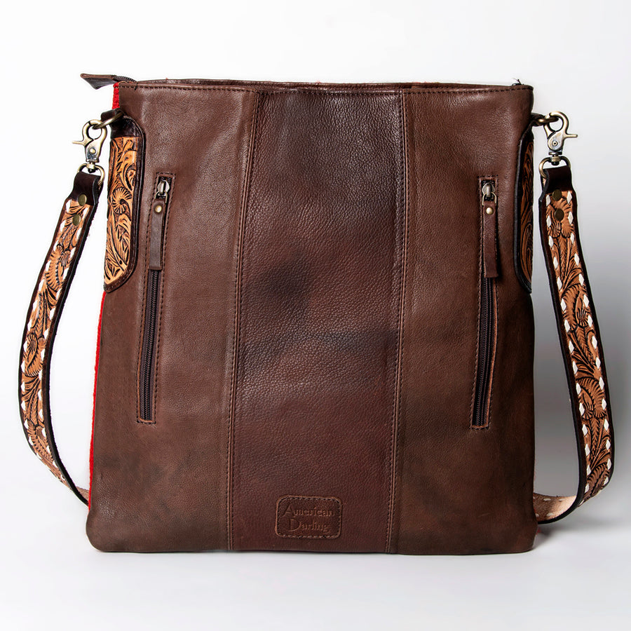 American Darling Large Cross body Bag Hand-Woven Saddle Blanket Vegetable-Tanned Genuine Leather Floral Carved Buck Stitched