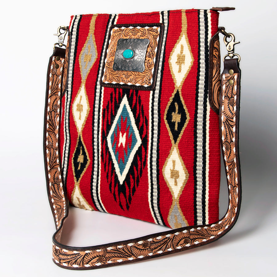 American Darling Large Cross body Bag Hand-Woven Saddle Blanket Hand Tooled - Uhorse