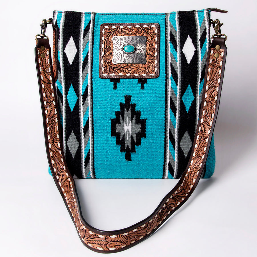 American Darling Large Cross body Bag Hand-Woven Saddle Blanket Vegetable-Tanned Genuine Leather Floral Carved Buck Stitched