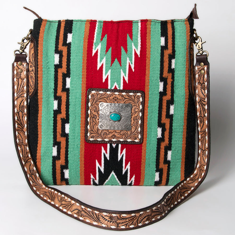 American Darling Large Cross body Bag Hand-Woven Saddle Blanket Vegetable-Tanned Genuine Leather Buck Stitched Turquoise Concho