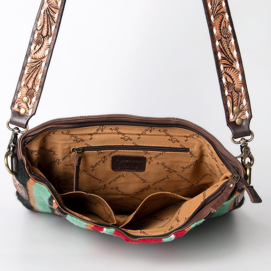 American Darling Large Cross body Bag Hand-Woven Saddle Blanket Vegetable-Tanned Genuine Leather Buck Stitched Turquoise Concho