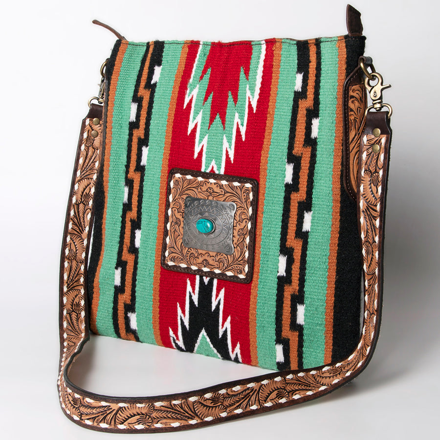 American Darling Large Cross body Bag Hand-Woven Saddle Blanket Hand Tooled - Uhorse