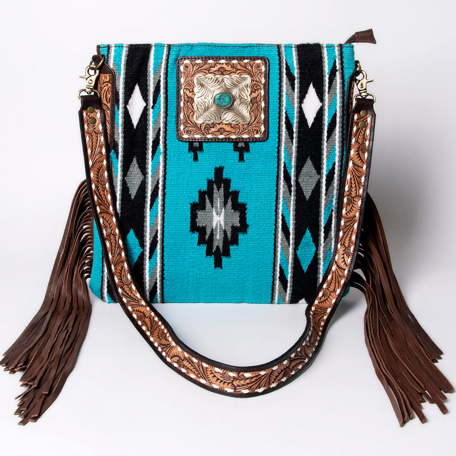 American Darling Large Cross body Bag Hand-Woven Saddle Blanket Vegetable-Tanned Genuine Leather Fringes Turquoise Concho