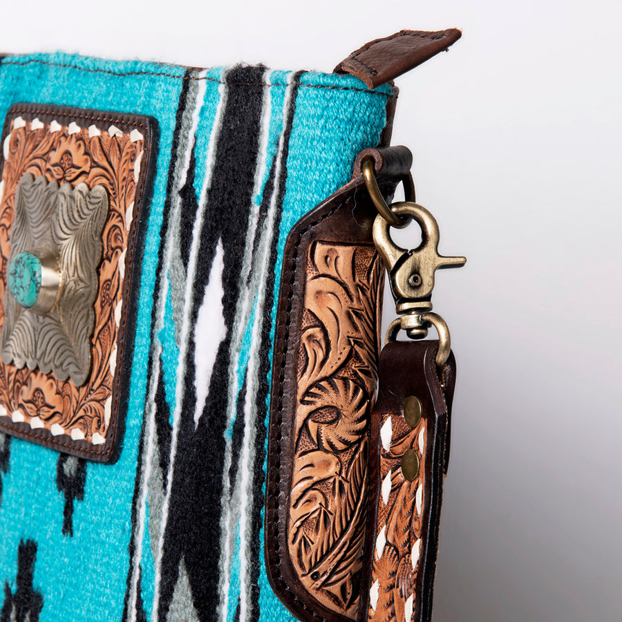 American Darling Large Cross body Bag Hand-Woven Saddle Blanket Vegetable-Tanned Genuine Leather Fringes Turquoise Concho