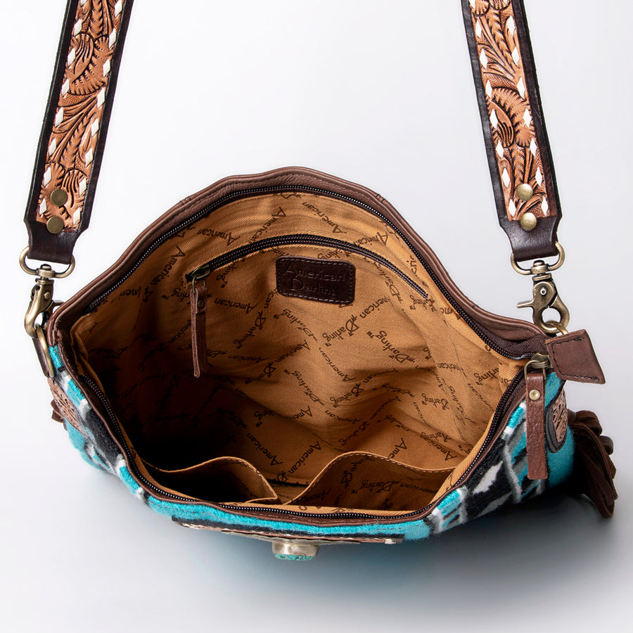 American Darling Large Cross body Bag Hand-Woven Saddle Blanket Vegetable-Tanned Genuine Leather Fringes Turquoise Concho