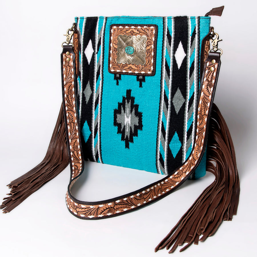 Blue geometric woven shoulder bag with leather fringe and concho - Uhorse