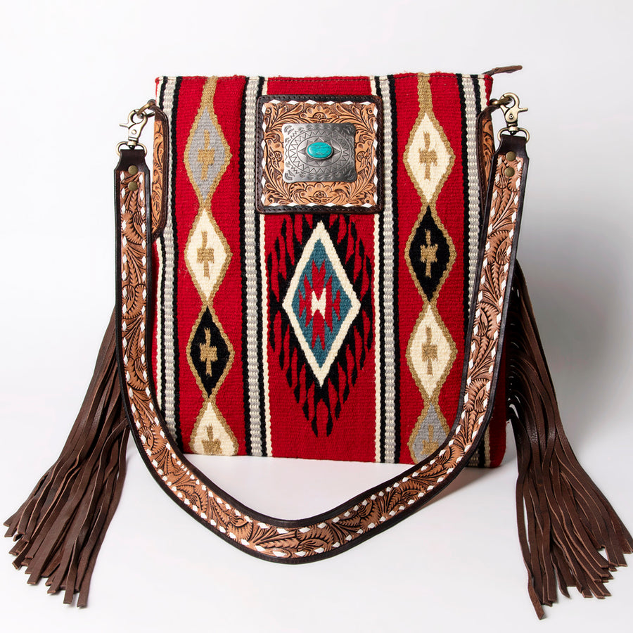 American Darling Large Cross body Bag Hand-Woven Saddle Blanket Vegetable-Tanned Genuine Leather Fringes Turquoise Concho