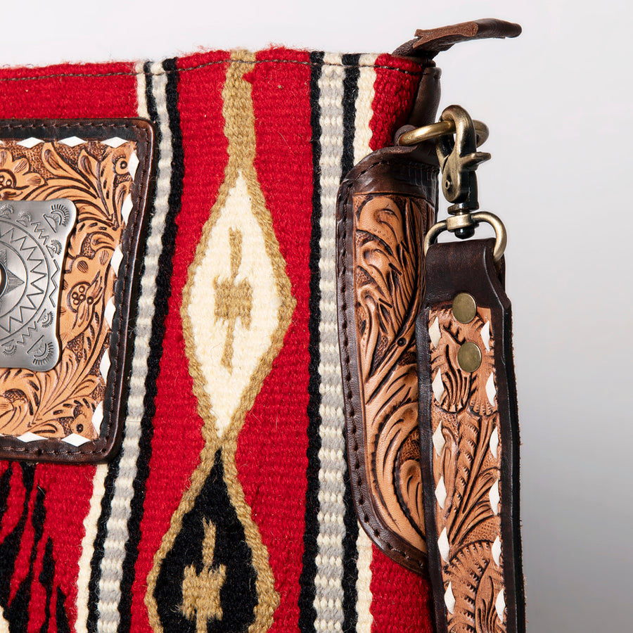 American Darling Large Cross body Bag Hand-Woven Saddle Blanket Vegetable-Tanned Genuine Leather Fringes Turquoise Concho