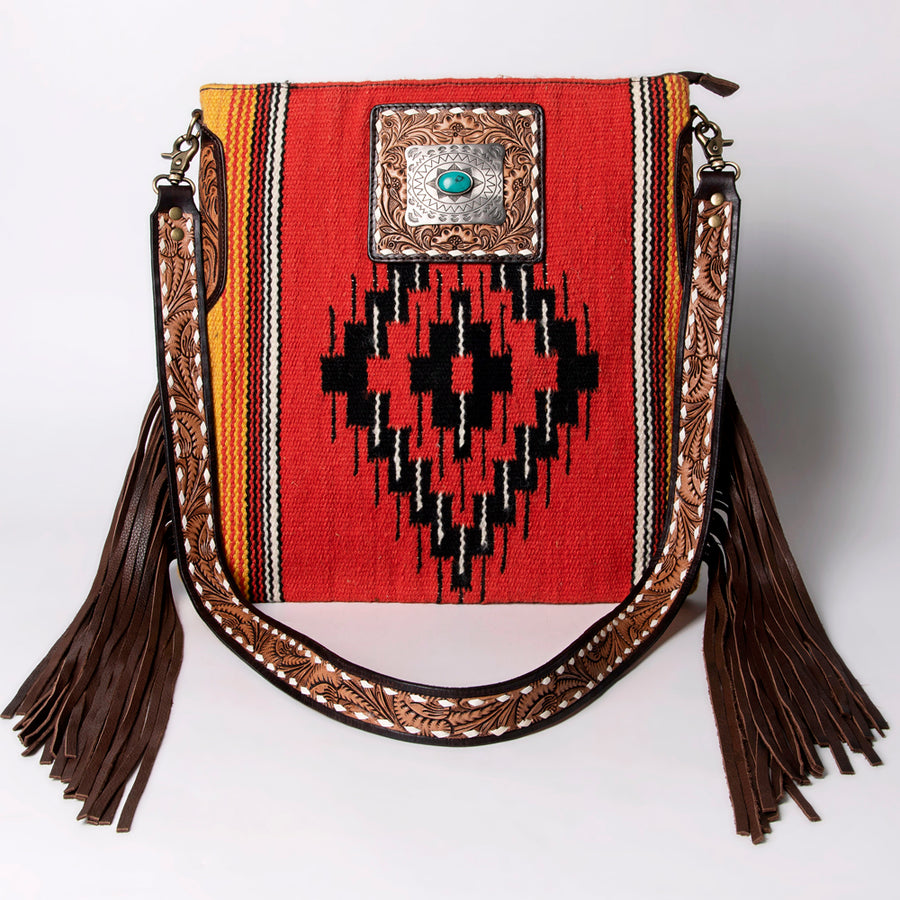 American Darling Large Cross body Bag Hand-Woven Saddle Blanket Vegetable-Tanned Genuine Leather Fringes Turquoise Concho