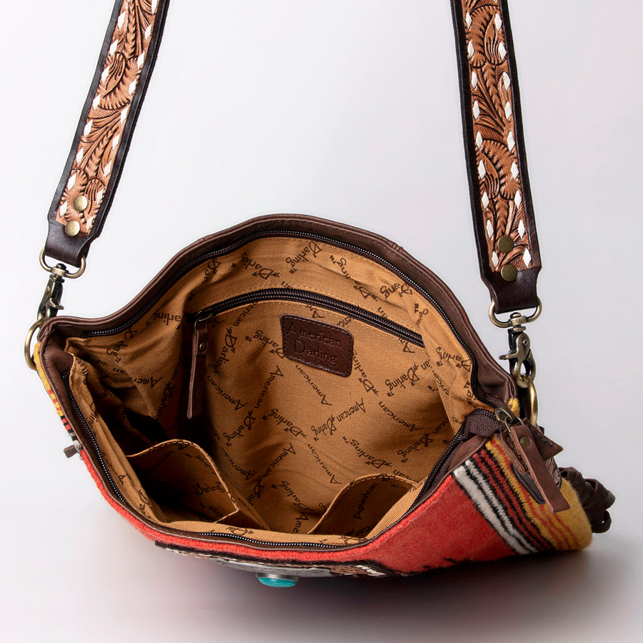 American Darling Large Cross body Bag Hand-Woven Saddle Blanket Vegetable-Tanned Genuine Leather Fringes Turquoise Concho