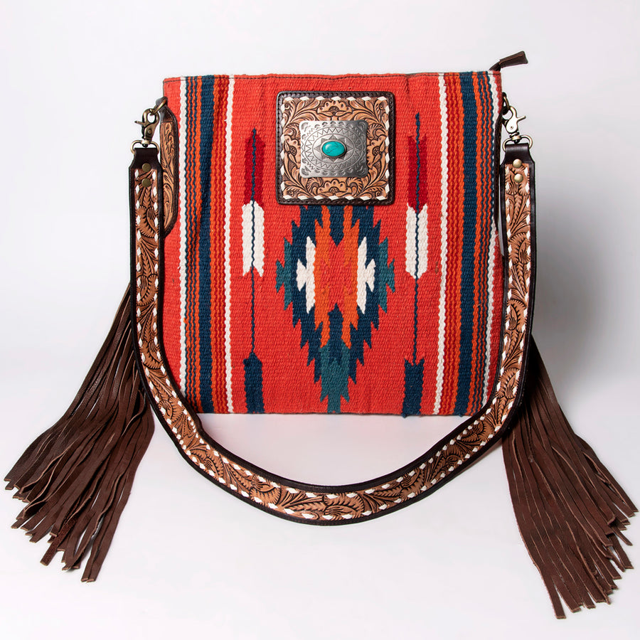 American Darling Large Cross body Bag Hand-Woven Saddle Blanket Vegetable-Tanned Genuine Leather Fringes Turquoise Concho