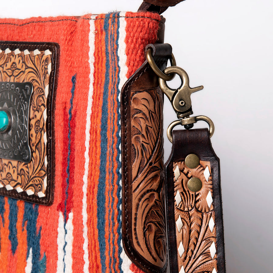American Darling Large Cross body Bag Hand-Woven Saddle Blanket Vegetable-Tanned Genuine Leather Fringes Turquoise Concho
