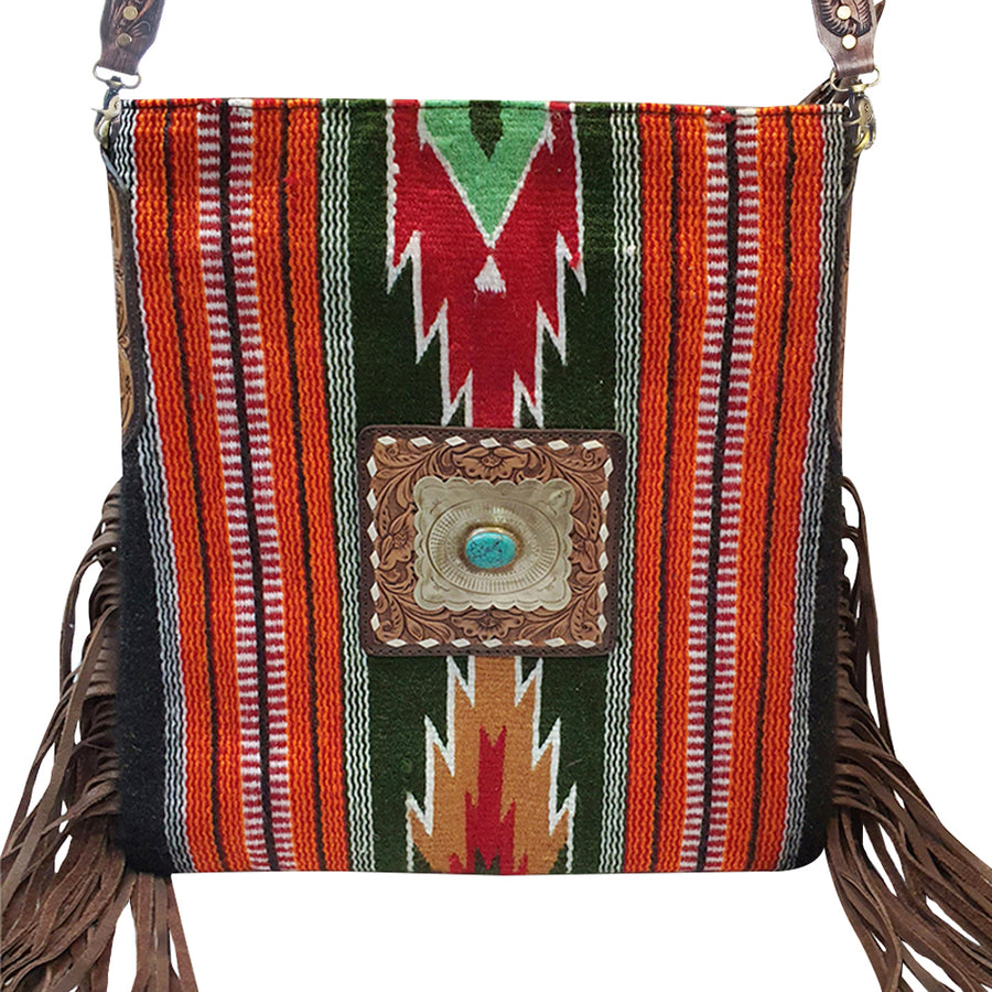 Woven textile crossbody bag with fringe and concho detail - Uhorse