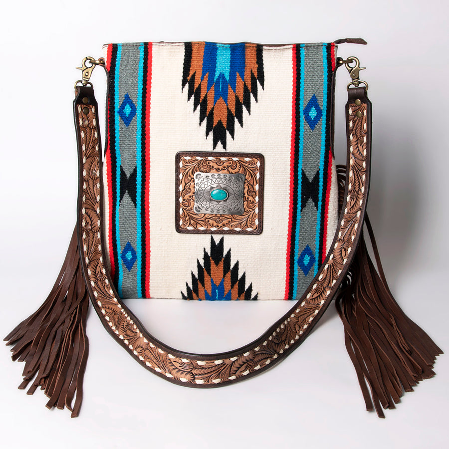 American Darling Large Cross body Bag Hand-Woven Saddle Blanket Vegetable-Tanned Genuine Leather Fringes Turquoise Concho