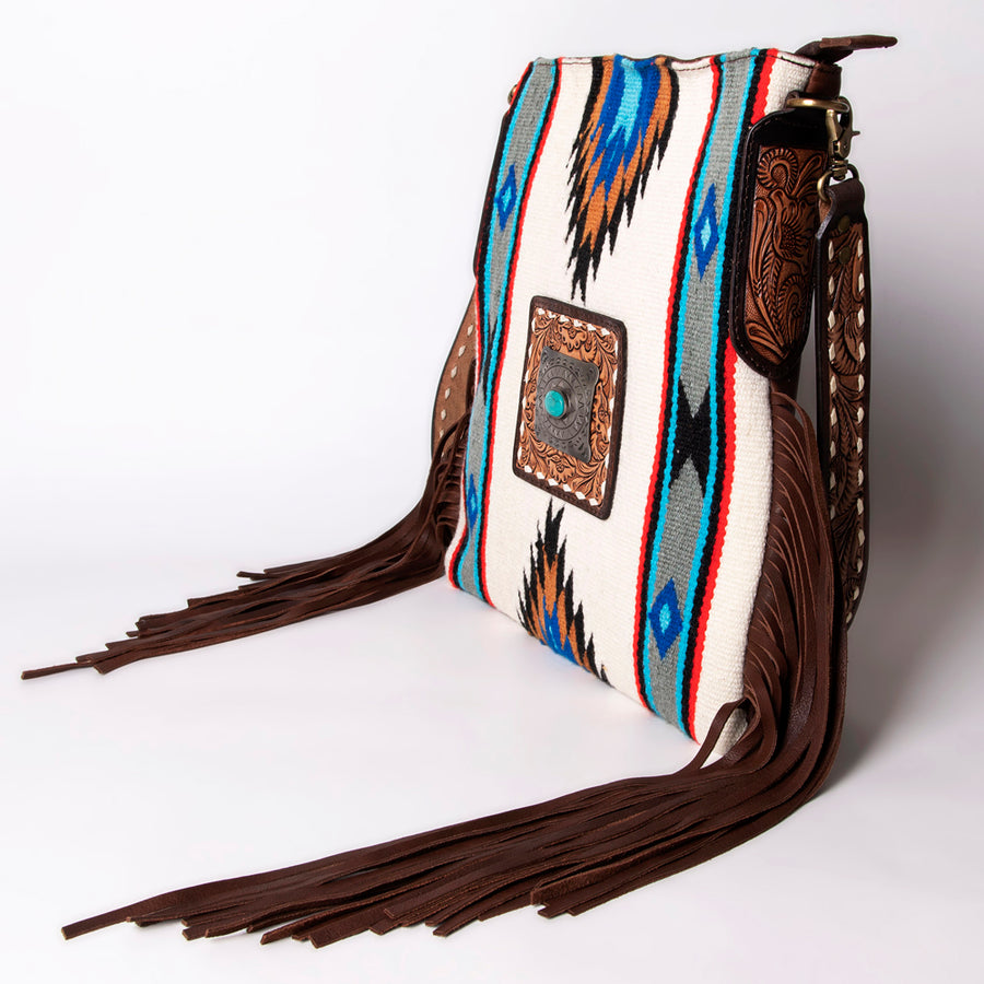 American Darling Large Cross body Bag Hand-Woven Saddle Blanket Vegetable-Tanned Genuine Leather Fringes Turquoise Concho