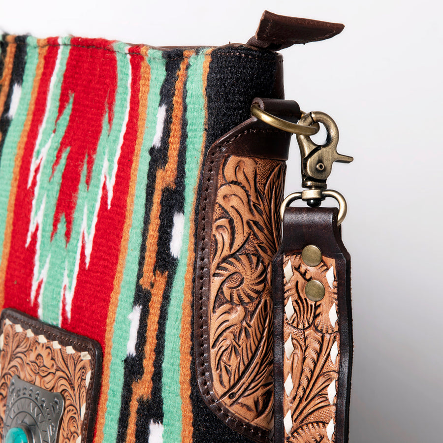 American Darling Large Cross body Bag Hand-Woven Saddle Blanket Vegetable-Tanned Genuine Leather Fringes Turquoise Concho
