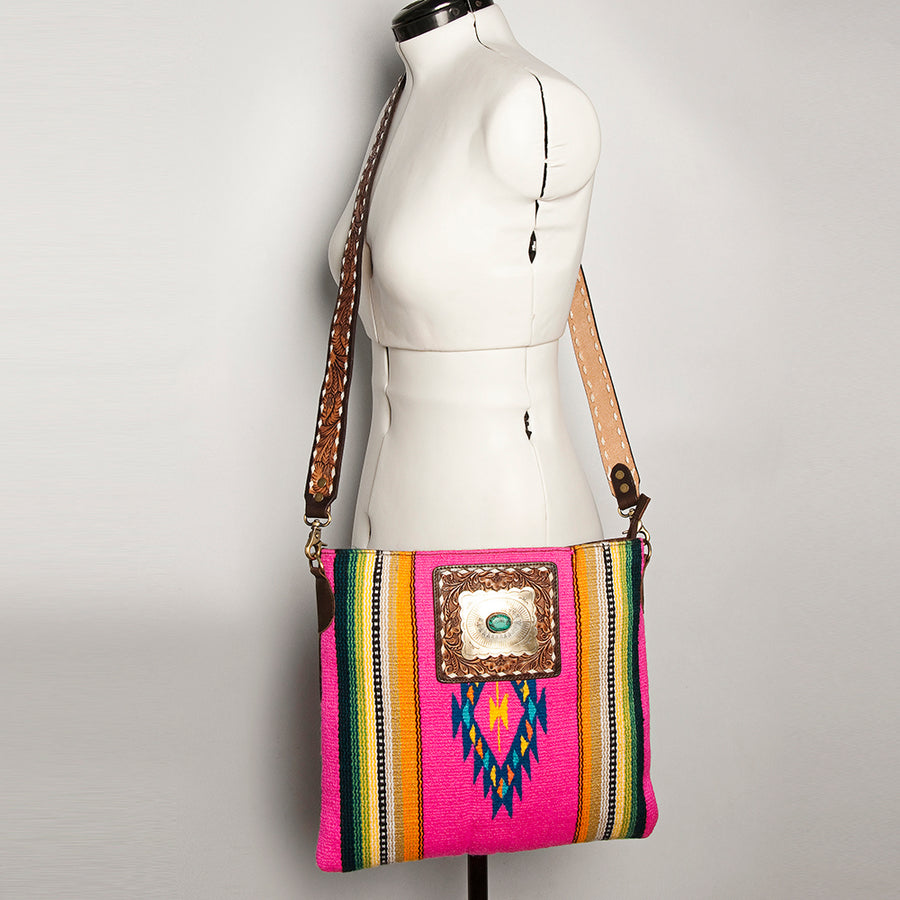 American Darling Large Cross body Bag Hand Woven Saddle Blanket Vegetable-Tanned Genuine Leather Floral Carved Turquoise Concho
