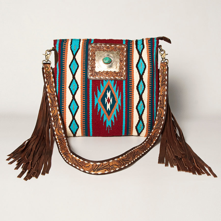 American Darling Large Cross body Bag Hand-Woven Saddle Blanket Vegetable-Tanned Genuine Leather Fringes Turquoise Concho