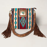 American Darling Large Cross body Bag Hand-Woven Saddle Blanket Vegetable-Tanned Genuine Leather Fringes Turquoise Concho