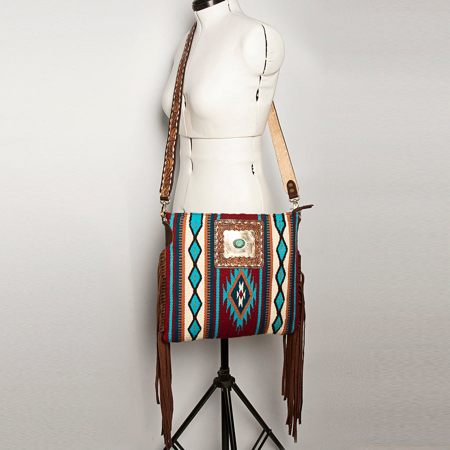 American Darling Large Cross body Bag Hand-Woven Saddle Blanket Vegetable-Tanned Genuine Leather Fringes Turquoise Concho