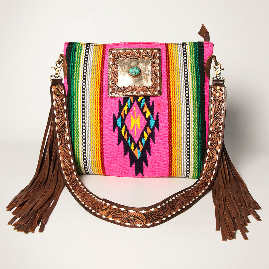 American Darling Large Cross body Bag Hand-Woven Saddle Blanket Vegetable-Tanned Genuine Leather Fringes Turquoise Concho