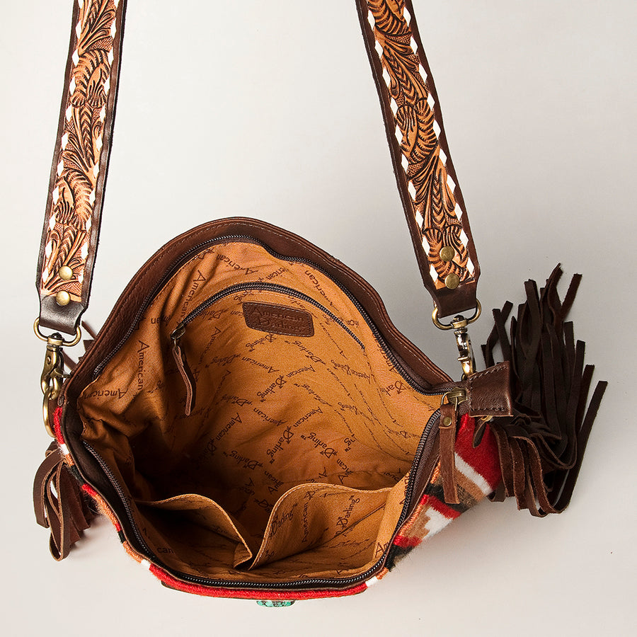 American Darling Large Cross body Bag Hand-Woven Saddle Blanket Vegetable-Tanned Genuine Leather Fringes Turquoise Concho
