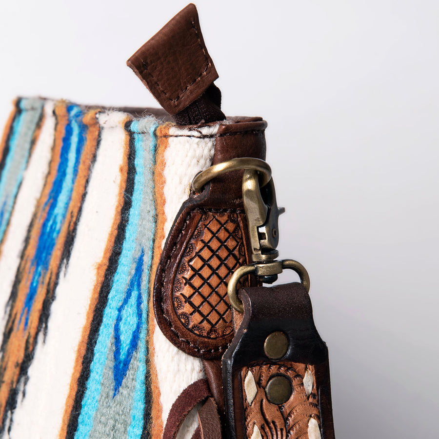 American Darling Large Cross body Bag Hand Woven Saddle Blanket Vegetable-Tanned Genuine Leather Floral Carved Fringes Concho