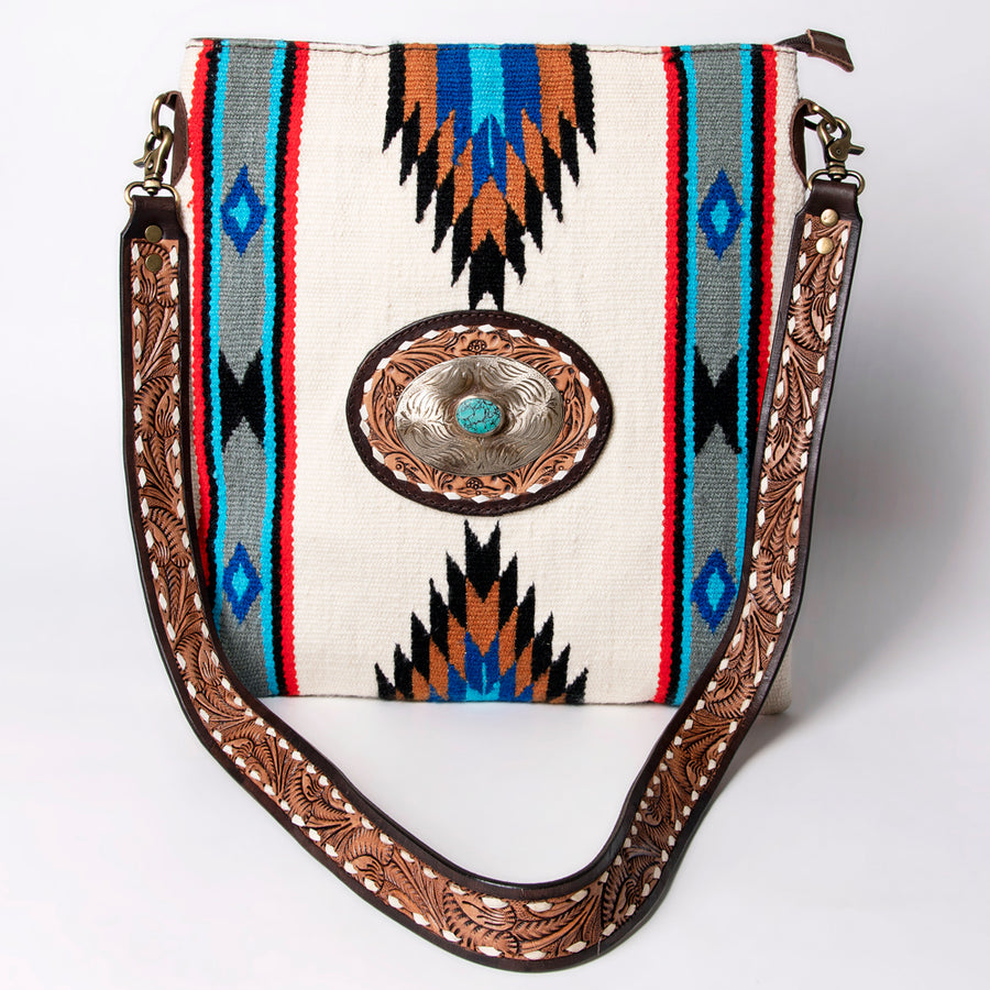American Darling Large Cross body Bag Hand Woven Saddle Blanket Vegetable-Tanned Genuine Leather Floral Carved Turquoise Concho
