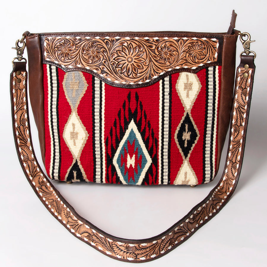 American Darling Messenger Bag Hand Woven Saddle Blanket Vegetable-Tanned Genuine Leather Floral Carved Buck Stitched