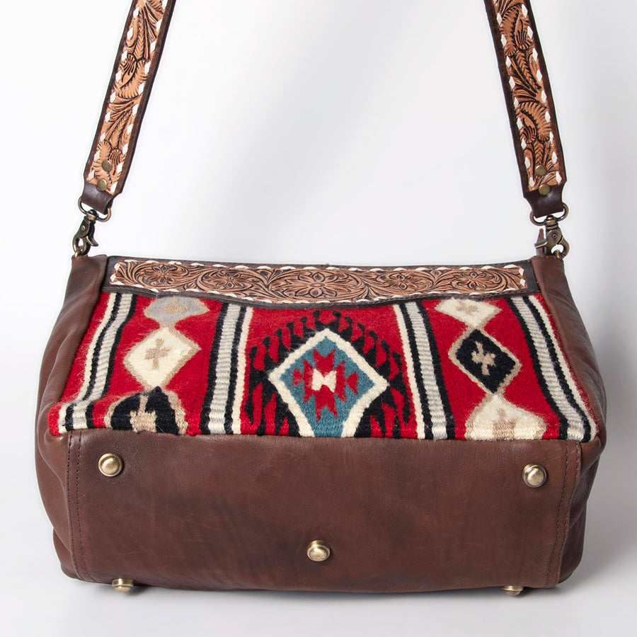 American Darling Messenger Bag Hand Woven Saddle Blanket Vegetable-Tanned Genuine Leather Floral Carved Buck Stitched