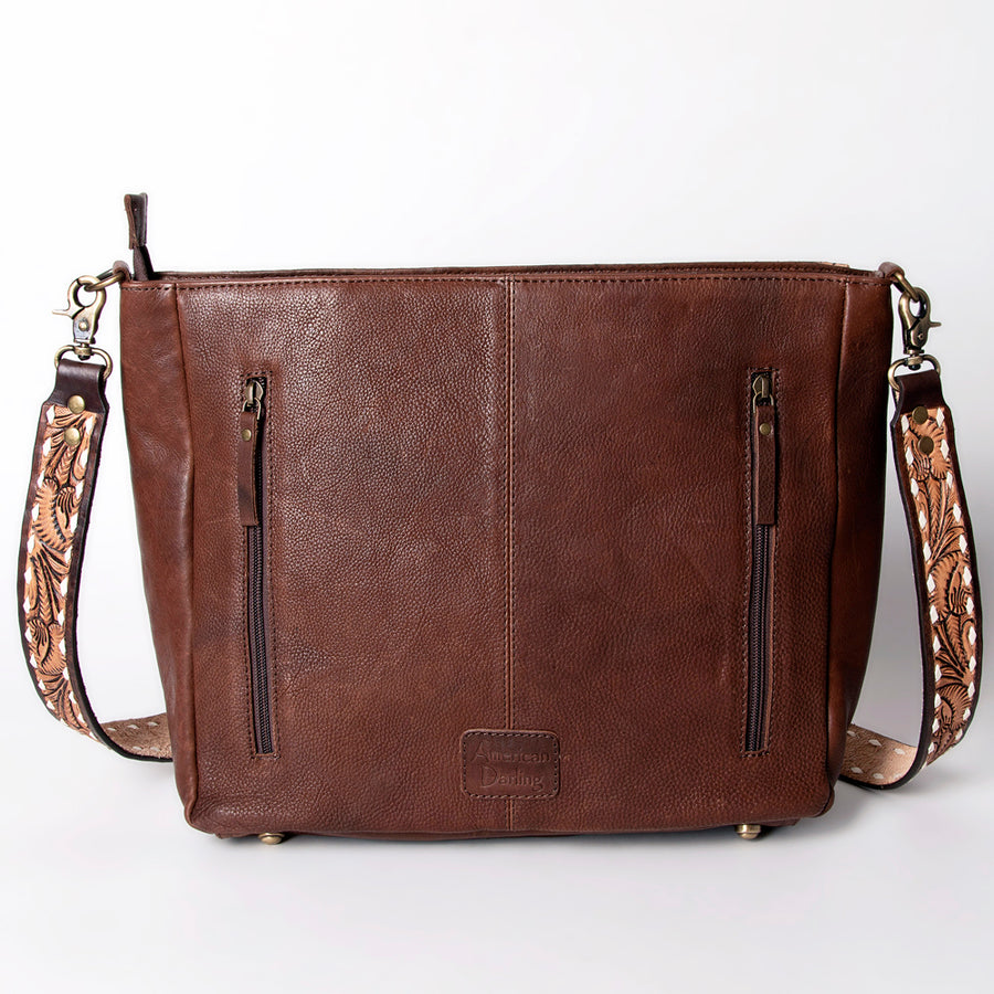 American Darling Messenger Bag Hand Woven Saddle Blanket Vegetable-Tanned Genuine Leather Floral Carved Buck Stitched