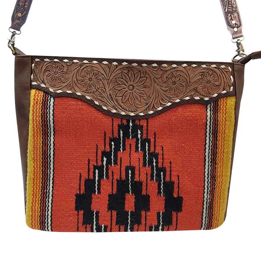 Leather and wool shoulder bag with geometric pattern and tooled flap - Uhorse