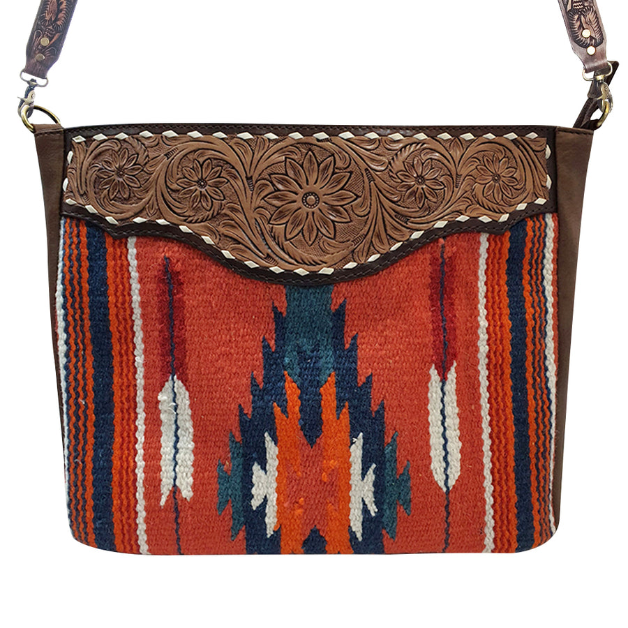 American Darling Messenger Bag Hand Woven Saddle Blanket Vegetable-Tanned Genuine Leather Floral Carved Buck Stitched