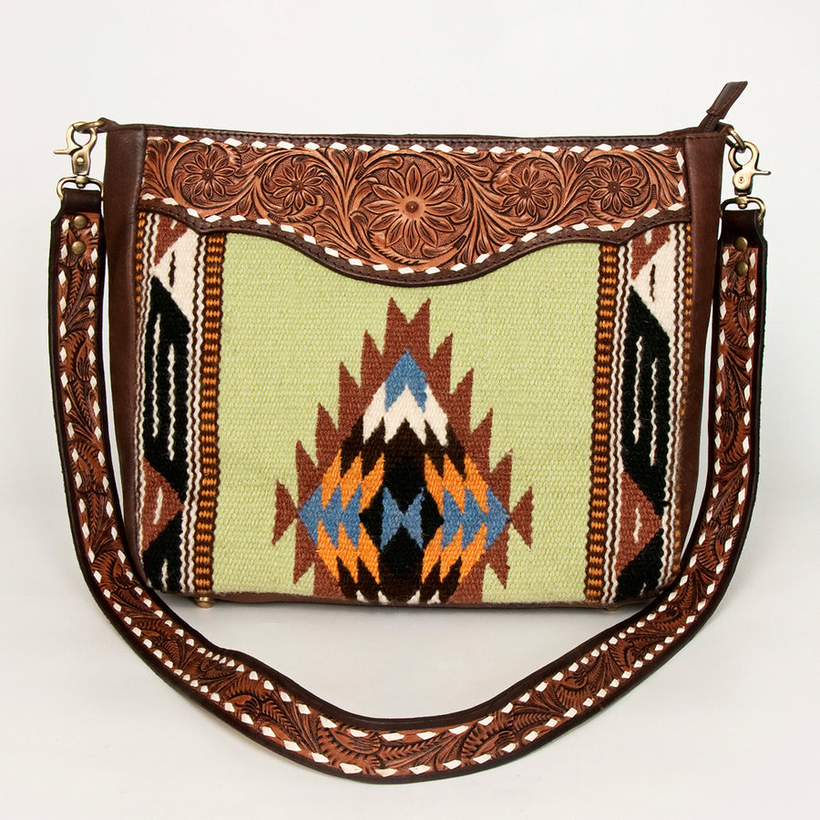 American Darling Messenger Bag Hand Woven Saddle Blanket Vegetable-Tanned Genuine Leather Floral Carved Buck Stitched