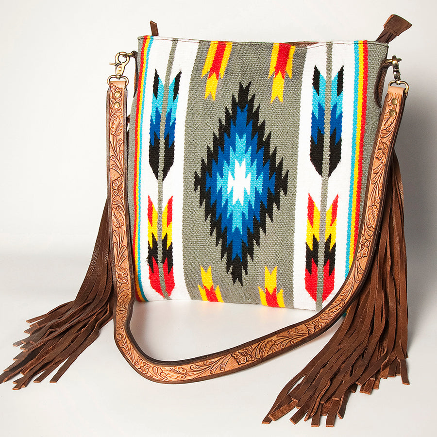 Woven crossbody bag with geometric diamond pattern and fringe strap - Uhorse