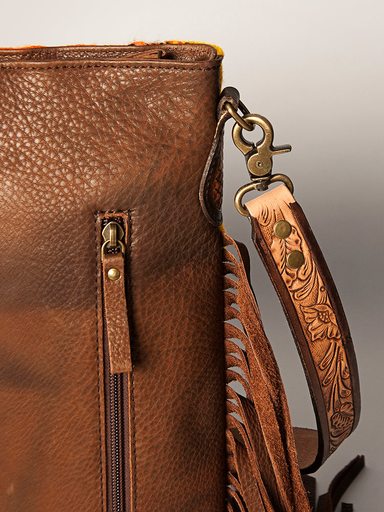 American Darling Large Cross body Bag Hand Woven Saddle Blanket Vegetable-Tanned Genuine Leather Fringes Hand Tooled