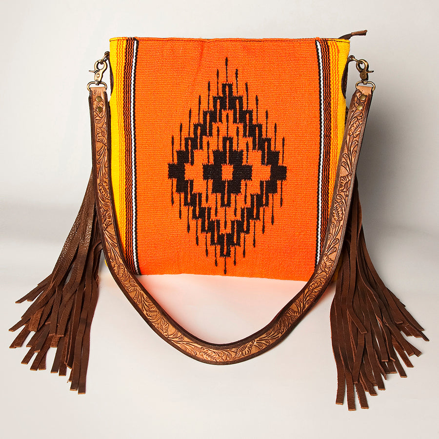 American Darling Large Cross body Bag Hand Woven Saddle Blanket Vegetable-Tanned Genuine Leather Fringes Hand Tooled