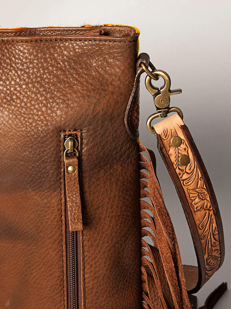 American Darling Large Cross body Bag Hand Woven Saddle Blanket Vegetable-Tanned Genuine Leather Fringes Hand Tooled