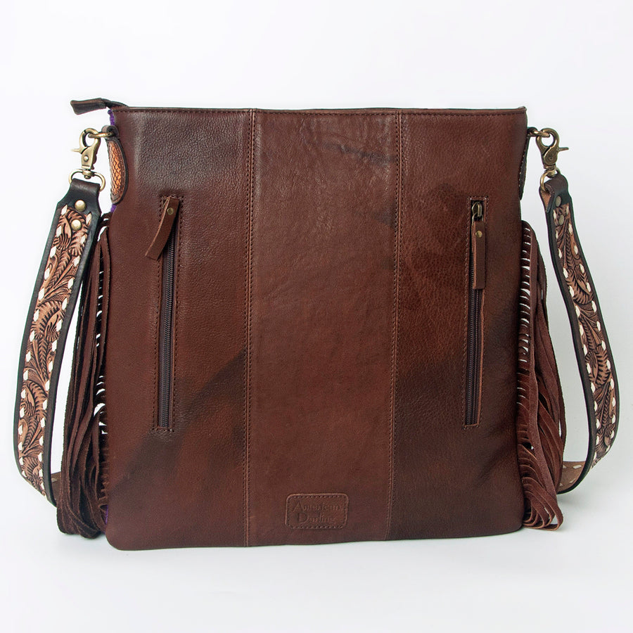 American Darling Large Cross body Bag Hand Woven Saddle Blanket Vegetable-Tanned Genuine Leather Fringes Hand Tooled