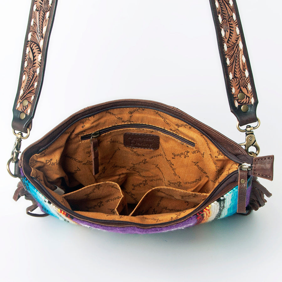 American Darling Large Cross body Bag Hand Woven Saddle Blanket Vegetable-Tanned Genuine Leather Fringes Hand Tooled
