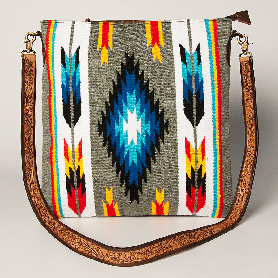 American Darling Large Cross body Bag Hand Woven Saddle Blanket Vegetable-Tanned Genuine Leather Hand Tooled