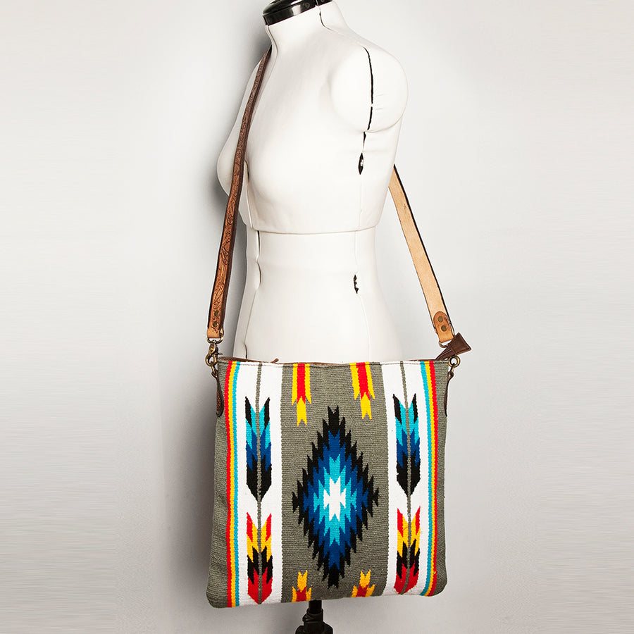 American Darling Large Cross body Bag Hand Woven Saddle Blanket Vegetable-Tanned Genuine Leather Hand Tooled